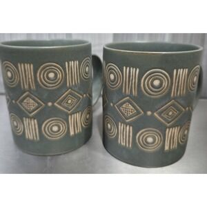 Pottery Barn Set Of‎ 3 Vintage Aztec Graffito Bongo Green Mugs